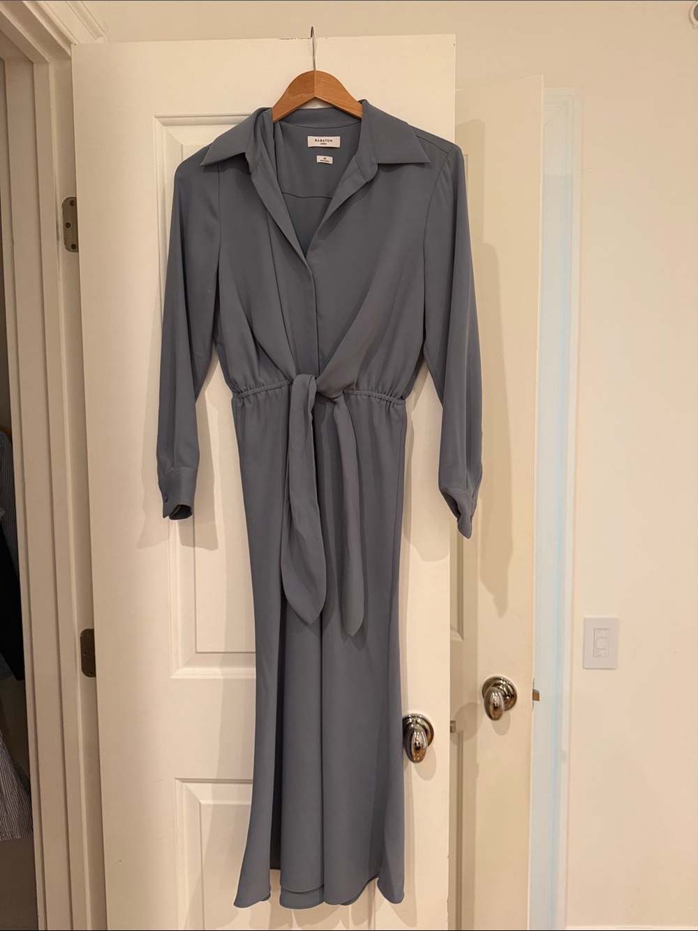 Babaton Slate Blue Long-Sleeve Tie-Waist Shirt Dress